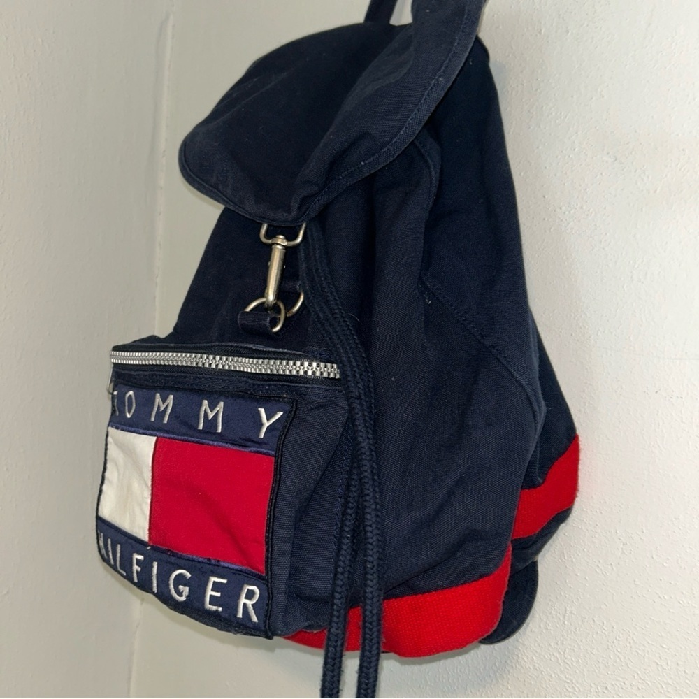 Vintage 1990s Tommy Hilfiger Backpack Nap Sack Tote Bag Big Flag Spell Out Logo - Picture 3 of 6